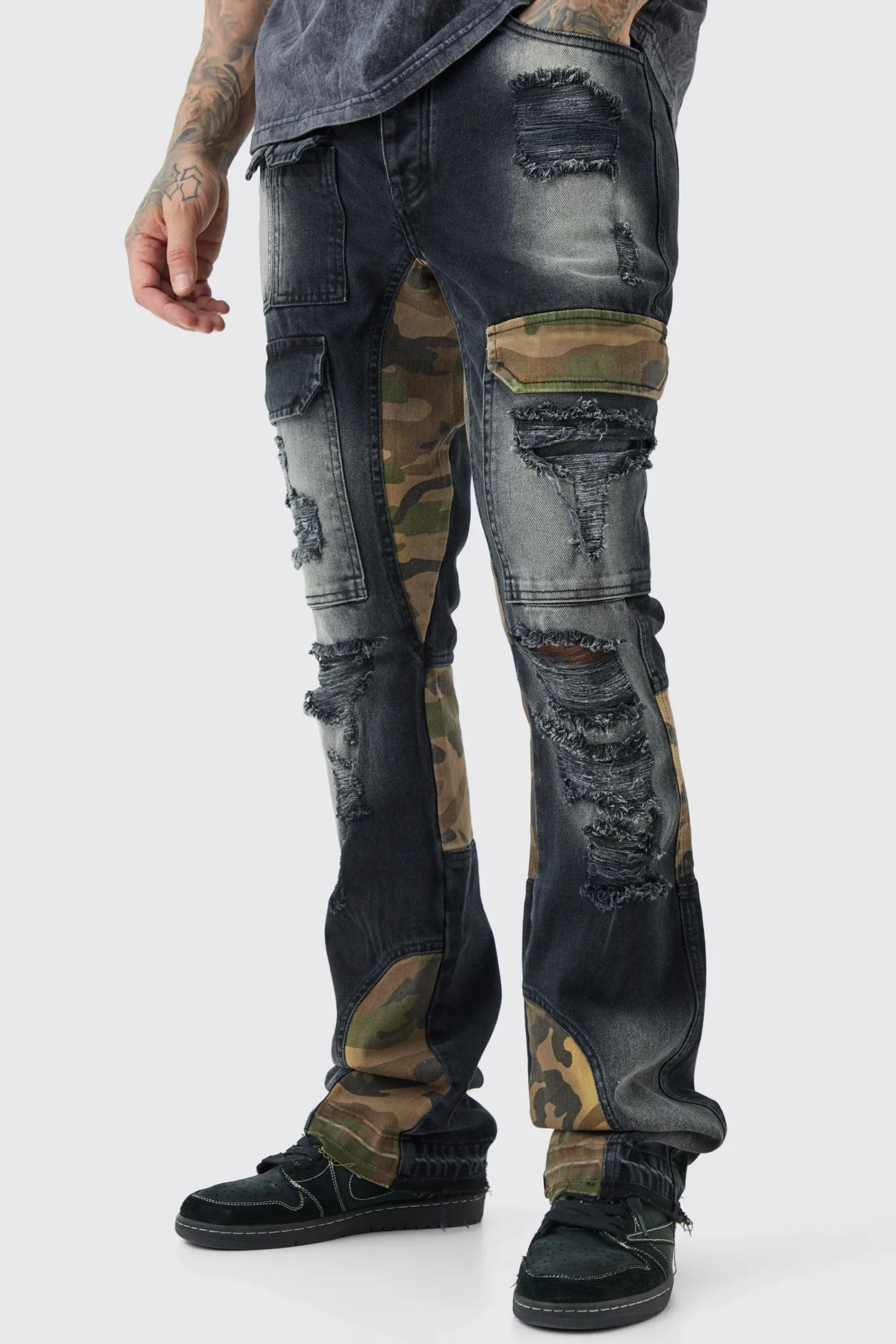 boohooMAN Tall Slim Rigid Flare Camo Repair Cargo Jeans | UK| Trousers|Jeans