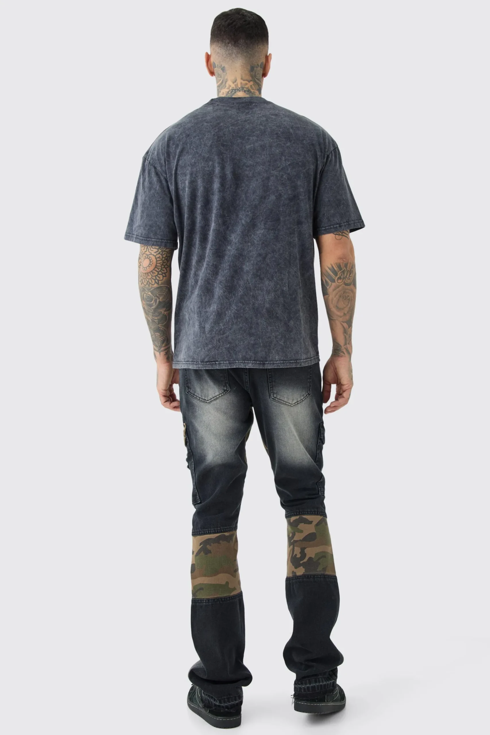 boohooMAN Tall Slim Rigid Flare Camo Repair Cargo Jeans | UK| Trousers|Jeans