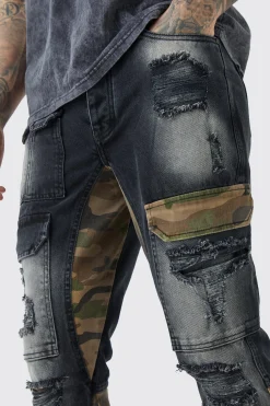 boohooMAN Tall Slim Rigid Flare Camo Repair Cargo Jeans | UK| Trousers|Jeans