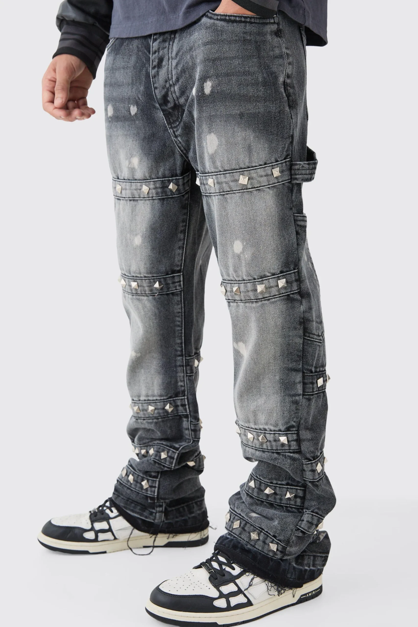 boohooMAN Tall Slim Rigid Flare Embellished Strap Detail Jeans | UK| Trousers|Jeans