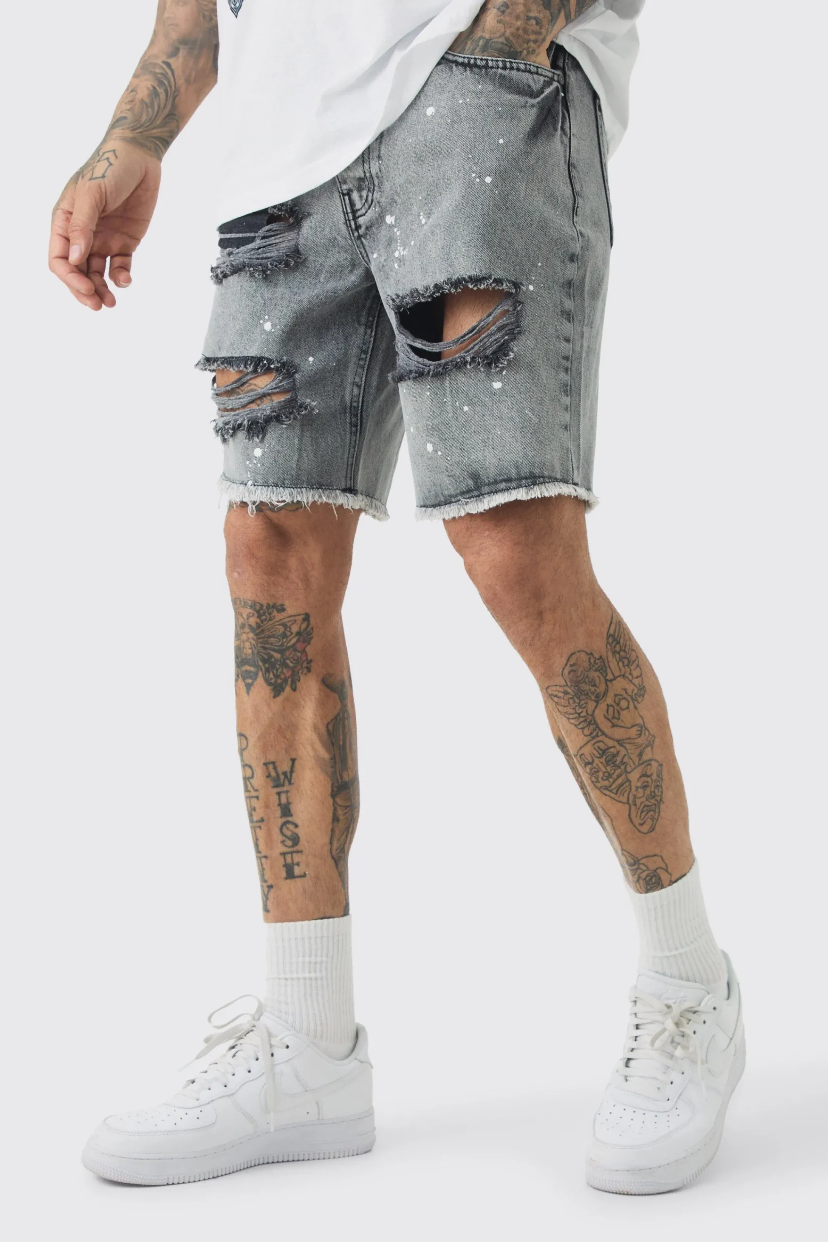 boohooMAN Tall Slim Rigid Ripped Paint Splatter Denim Shorts In | UK| Shorts