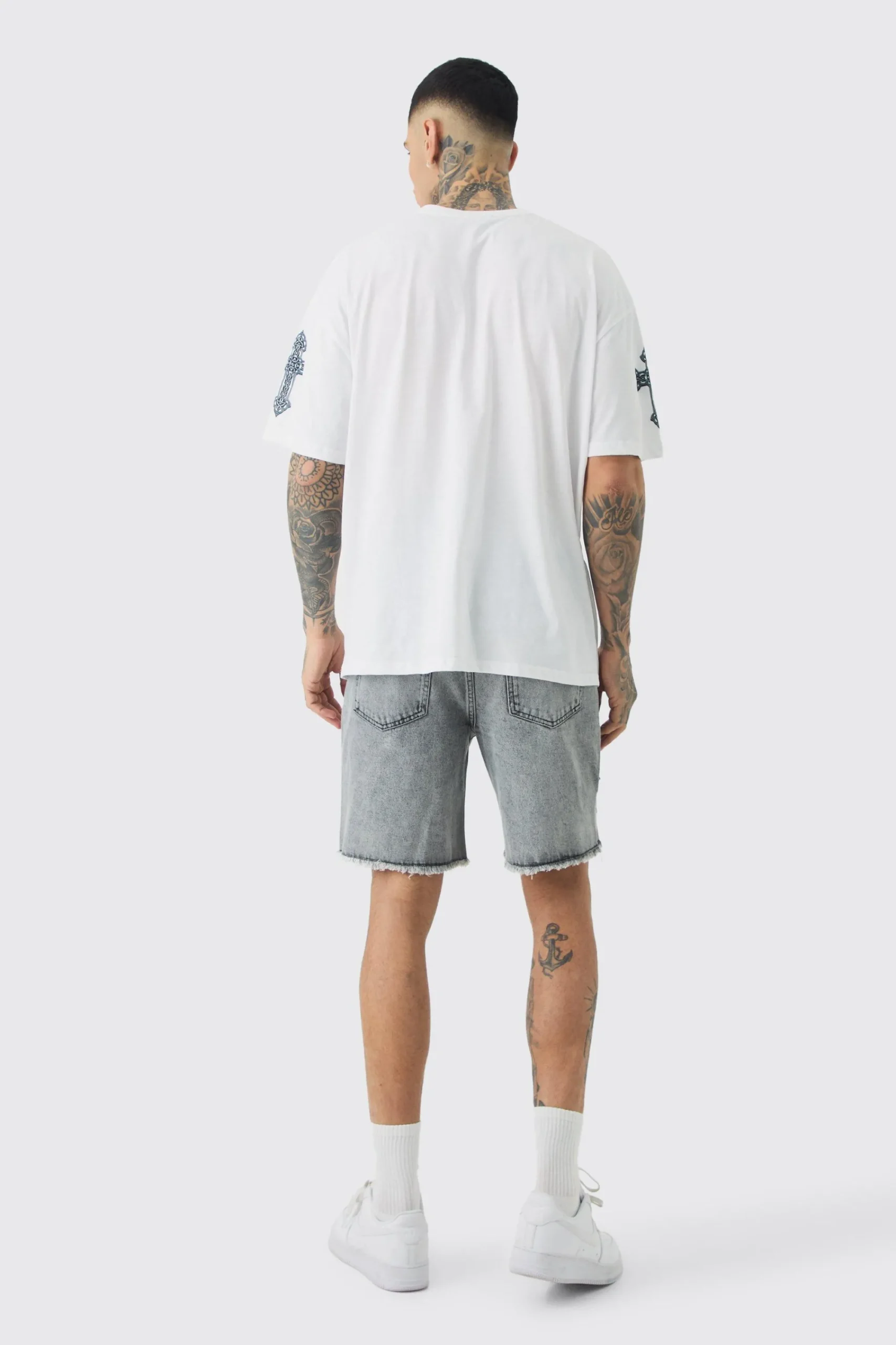 boohooMAN Tall Slim Rigid Ripped Paint Splatter Denim Shorts In | UK| Shorts