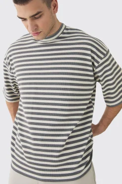 Tall Stripe Compact Rib Boxy Oversized T-Shirt | UK^boohooMAN Online