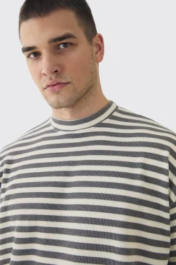 Tall Stripe Compact Rib Boxy Oversized T-Shirt | UK^boohooMAN Online