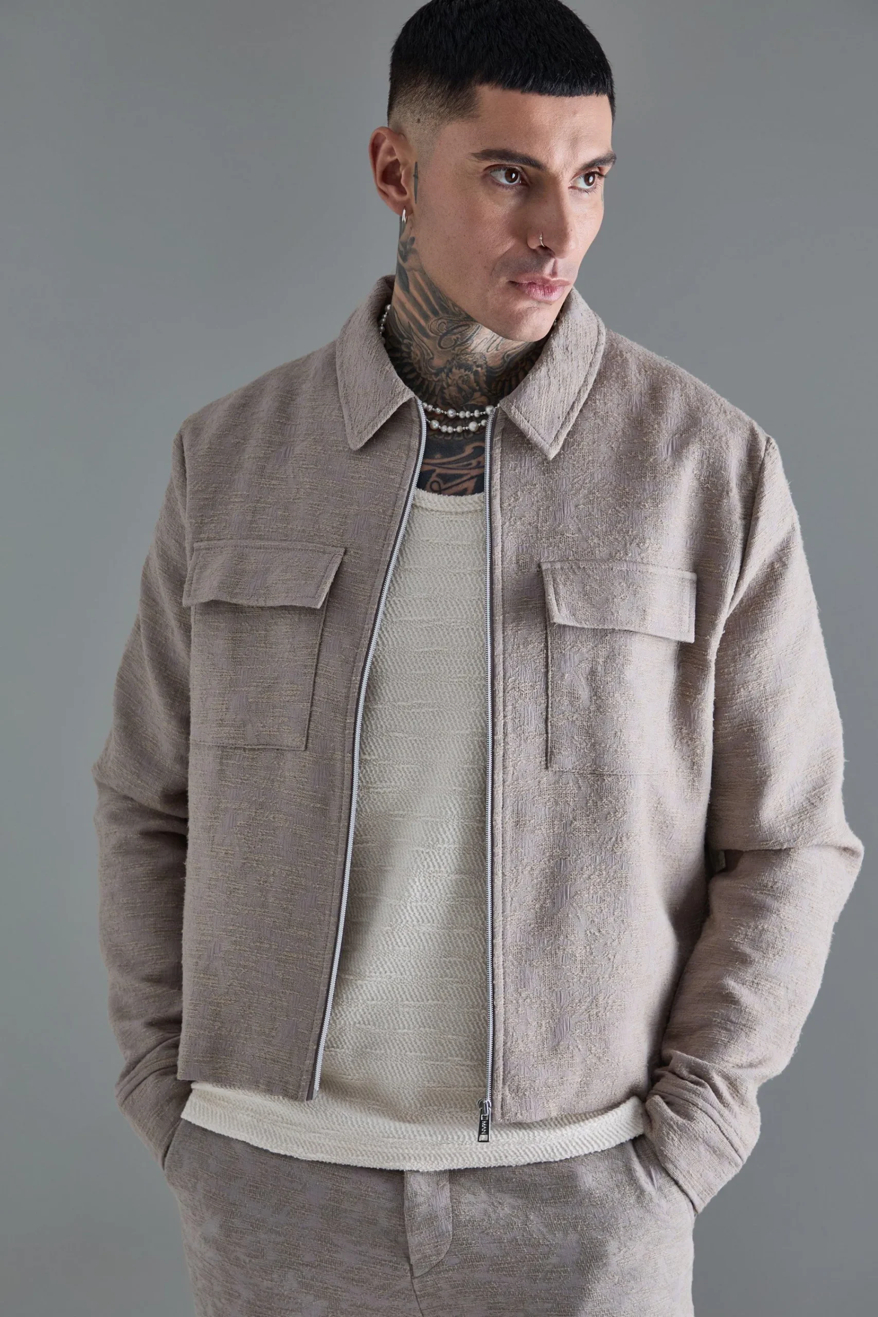 boohooMAN Tall Textured Cotton Jacquard Smart Harrington Jacket | UK| Suits & Tailoring