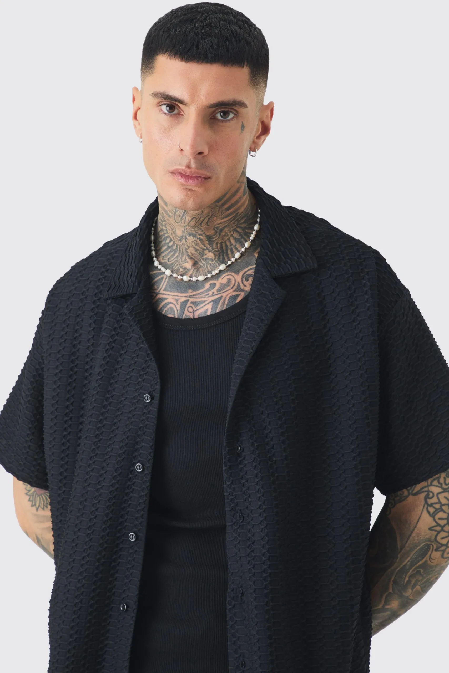 boohooMAN Tall Textured Jersey Resort Shirt & Short Set | UK| Sets & Co-Ords