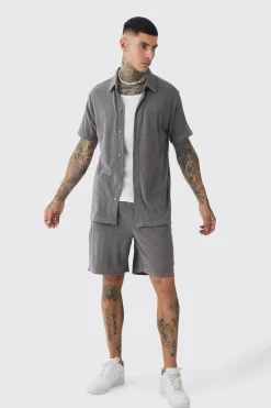boohooMAN Tall Towelling Shirt Shirt & Short Set In | UK| Tracksuits