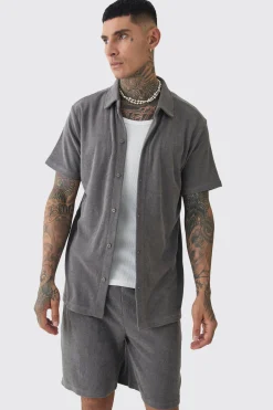 boohooMAN Tall Towelling Shirt Shirt & Short Set In | UK| Tracksuits