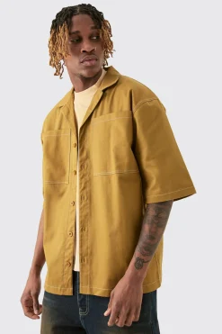 boohooMAN Tall Twill Drop Revere Contrast Stitch Shirt | UK| Shirts
