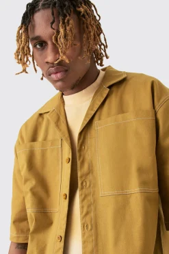 boohooMAN Tall Twill Drop Revere Contrast Stitch Shirt | UK| Shirts