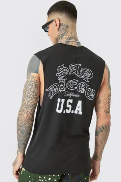 Tall Varsity San Diego Backprint Tank In | UK^boohooMAN