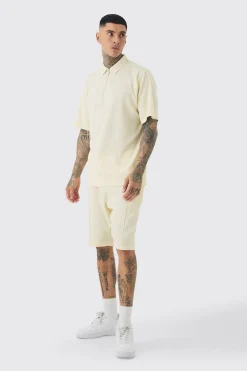 boohooMAN Tall Waffle Polo & Short Set | UK| Tracksuits