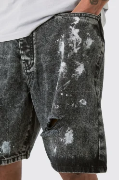 boohooMAN Tall Paint Splatter Relaxed Denim Shorts | UK| Shorts