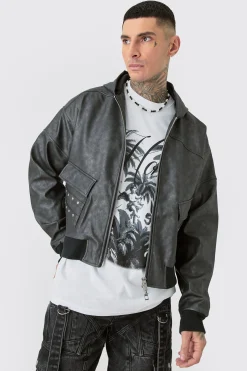 boohooMAN Tall Washed Pu Hooded Bomber | UK| Coats & Jackets