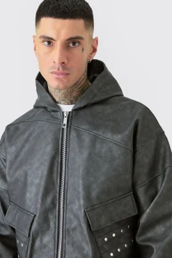 boohooMAN Tall Washed Pu Hooded Bomber | UK| Coats & Jackets