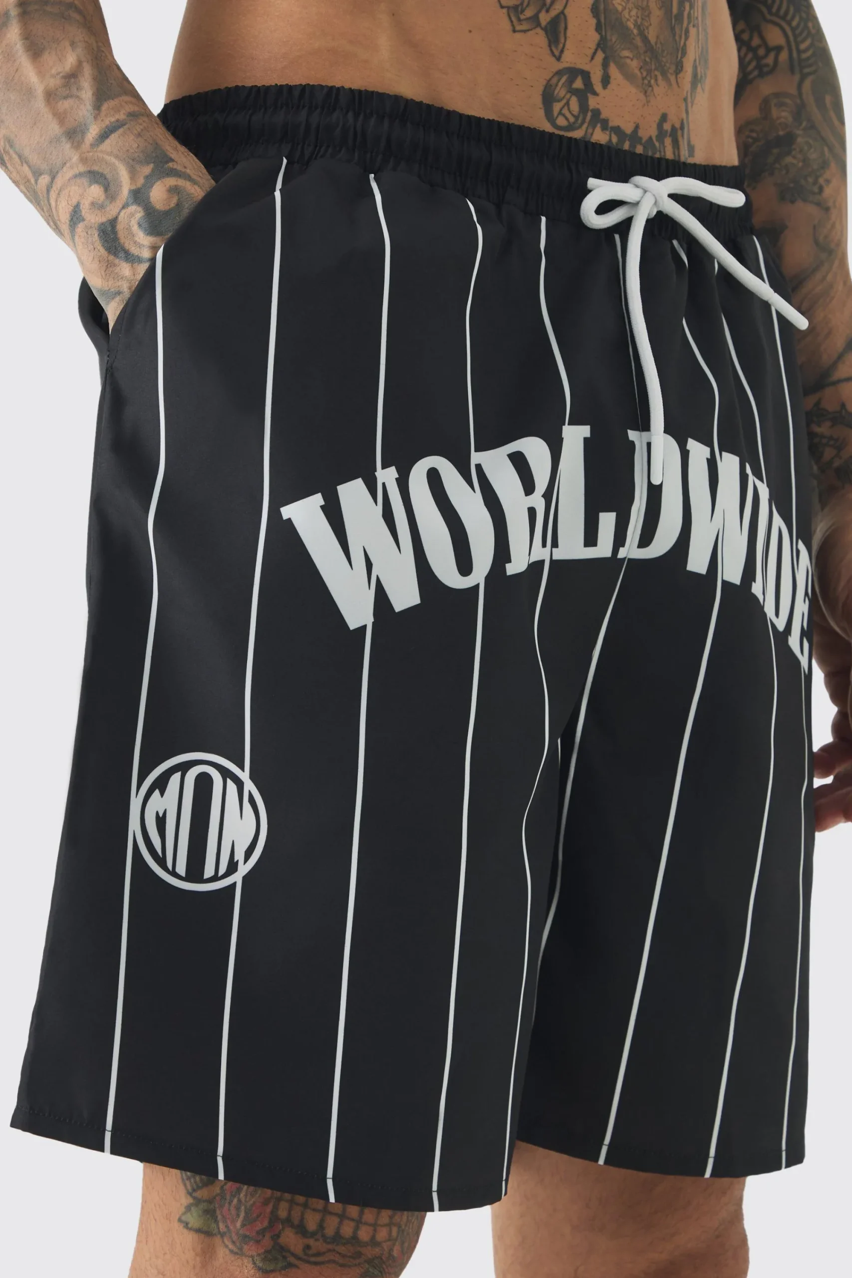 boohooMAN Tall Worldwide Crotch Printed Stripe Swim Shorts | UK| Shorts