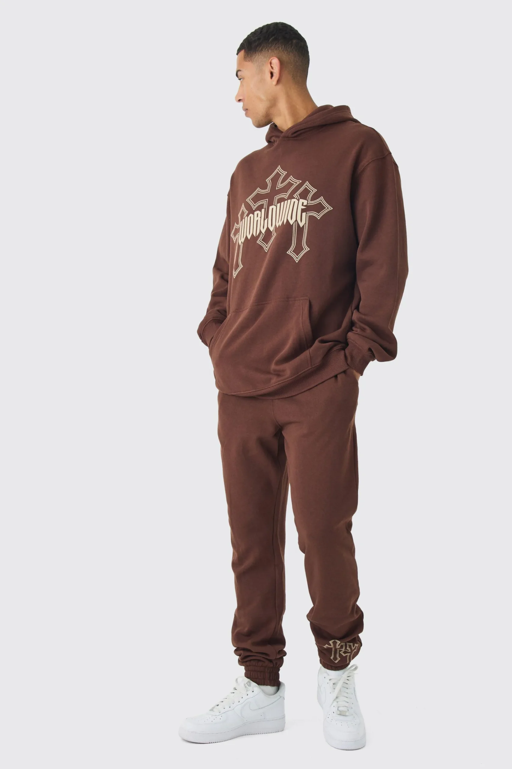 boohooMAN Tall Worldwide Gothic Cross Hoodie & Relaxed Fit Jogger Tracksuit | UK| Tracksuits