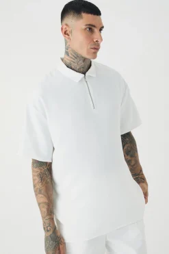 Tall Zip Up Linen Polo In | UK^boohooMAN New