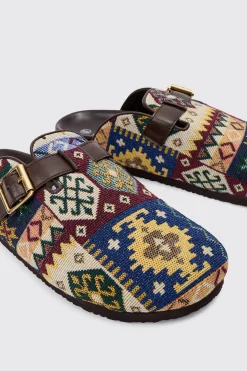 boohooMAN Tapestry Buckle Detail Mule | UK| Sliders & Slippers