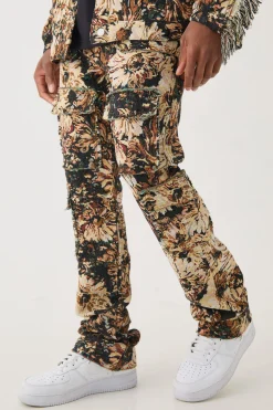 boohooMAN Tapestry Stacked Flared Cargo Trousers | UK| Trousers|Cargos
