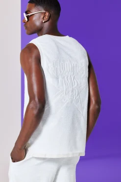 Textured Star Embroidered V Neck Basketball Vest | UK^boohooMAN Best