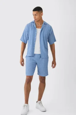 boohooMAN Textured Stripe Revere Shirt & Short Set | UK| Sets & Co-Ords