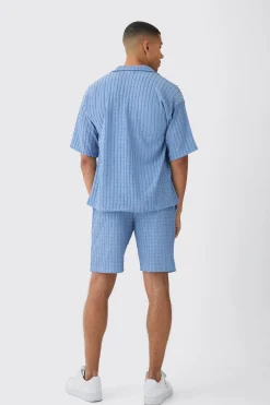 boohooMAN Textured Stripe Revere Shirt & Short Set | UK| Sets & Co-Ords