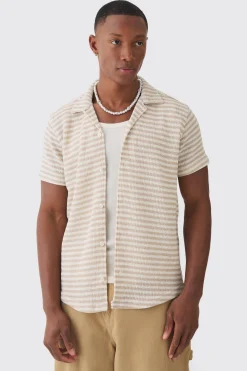 boohooMAN Tonal Stripe Open Stitch Resort Shirt | UK| Sets & Co-Ords