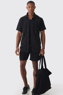boohooMAN Towelling 3 Piece Shirt, Short & Tote Set | UK| Sets & Co-Ords