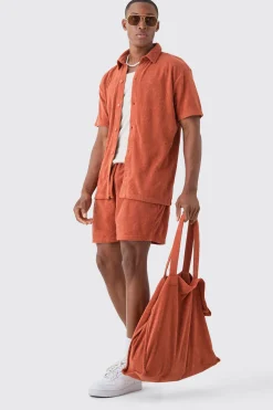 boohooMAN Towelling 3 Piece Shirt, Short & Tote Set | UK| Sets & Co-Ords
