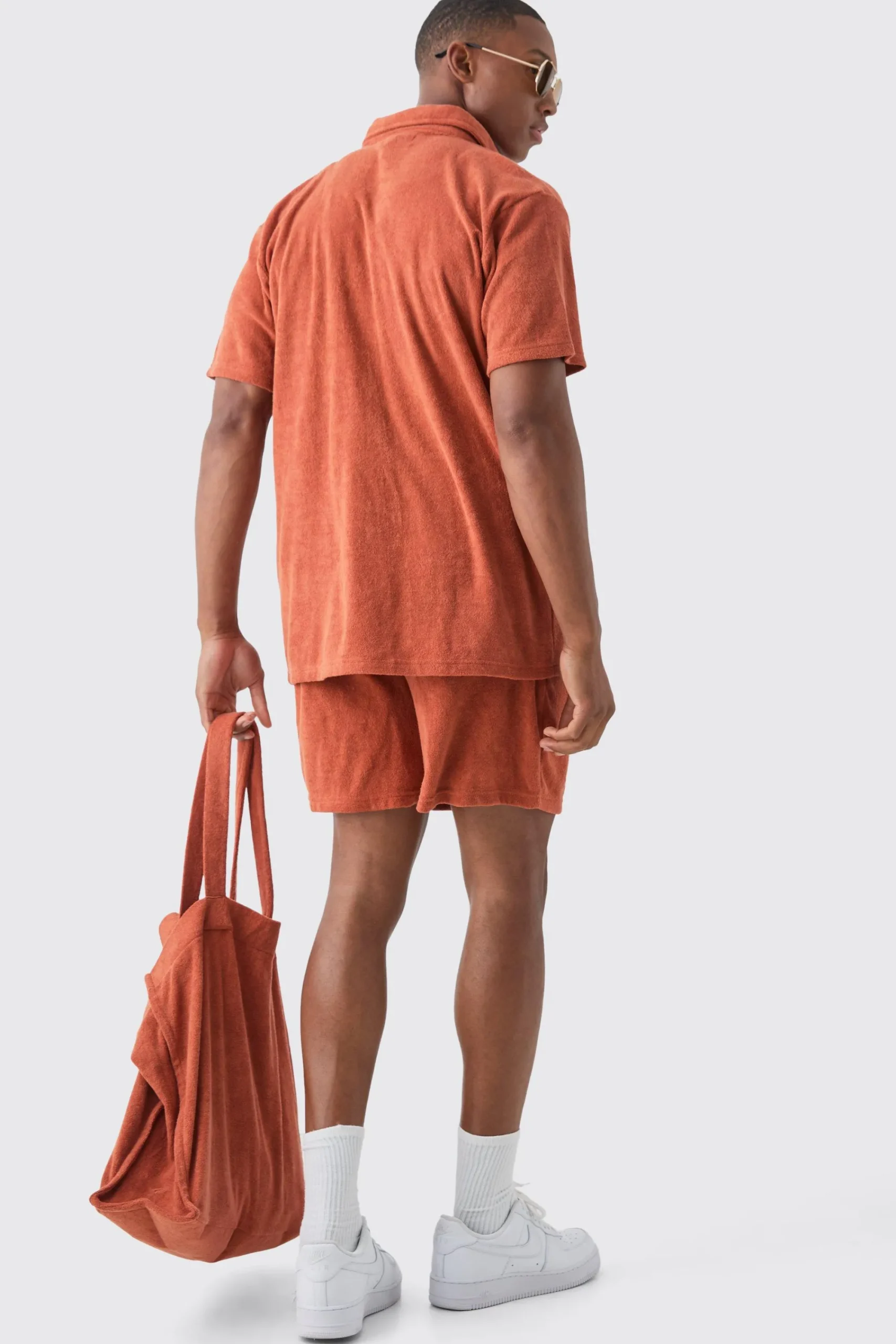 boohooMAN Towelling 3 Piece Shirt, Short & Tote Set | UK| Sets & Co-Ords