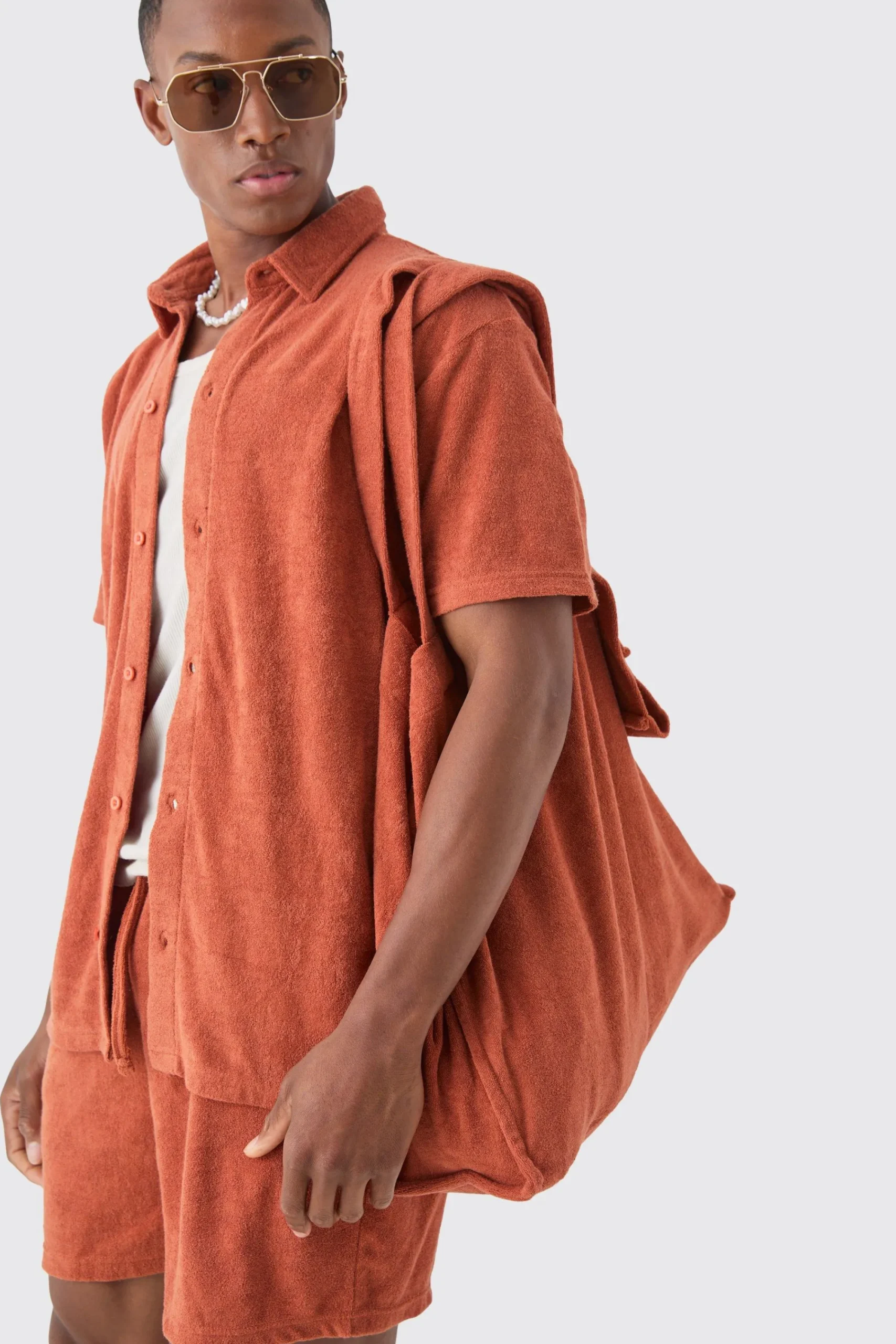 boohooMAN Towelling 3 Piece Shirt, Short & Tote Set | UK| Sets & Co-Ords