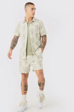 boohooMAN Towelling Cactus Shirt & Short Set | UK| Sets & Co-Ords