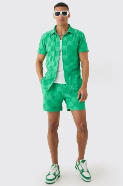 boohooMAN Towelling Checkerboard Shirt & Short Set | UK| Sets & Co-Ords
