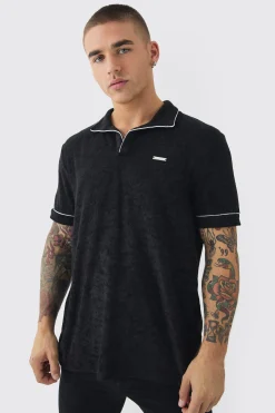Towelling Polo With Piping & Metal Tab | UK^boohooMAN New