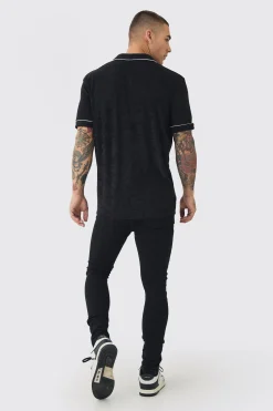 Towelling Polo With Piping & Metal Tab | UK^boohooMAN New