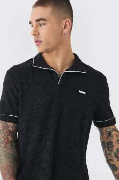 Towelling Polo With Piping & Metal Tab | UK^boohooMAN New
