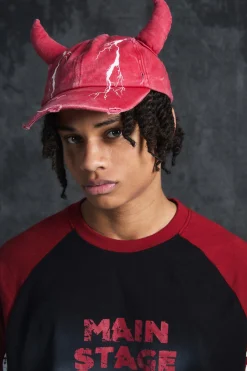 boohooMAN Trippie d Graphic Print Distressed Horn Cap In | UK| Hats & Caps