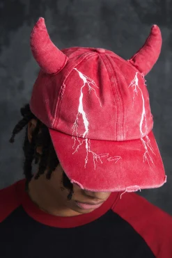 boohooMAN Trippie d Graphic Print Distressed Horn Cap In | UK| Hats & Caps