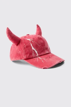 boohooMAN Trippie d Graphic Print Distressed Horn Cap In | UK| Hats & Caps