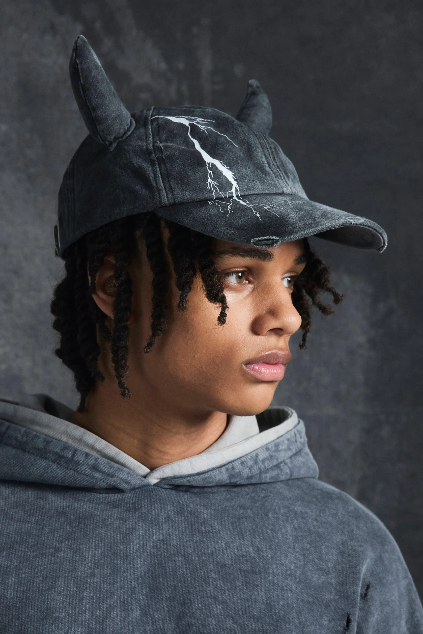 boohooMAN Trippie Redd Graphic Print Distressed Horn Cap In | UK| Hats & Caps