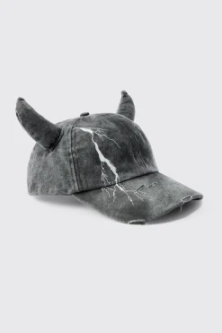 boohooMAN Trippie Redd Graphic Print Distressed Horn Cap In | UK| Hats & Caps