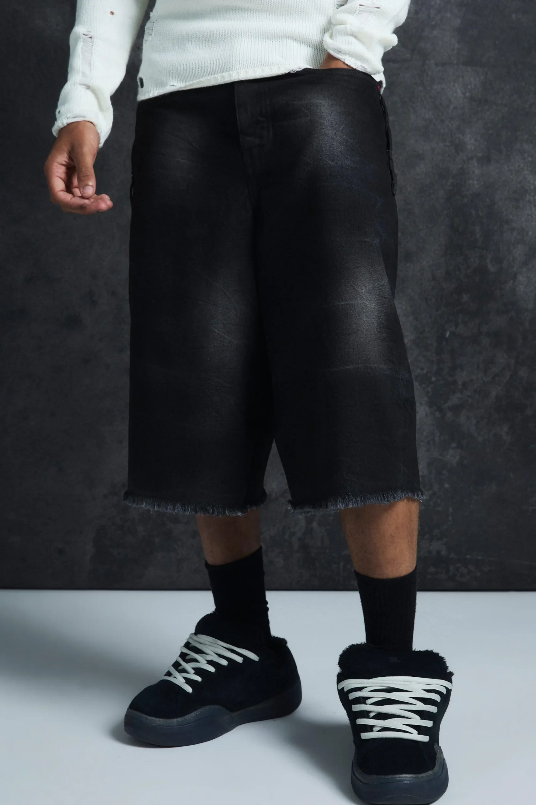 boohooMAN Trippie Redd Long Line Extreme Washed Denim Jorts | UK| Shorts