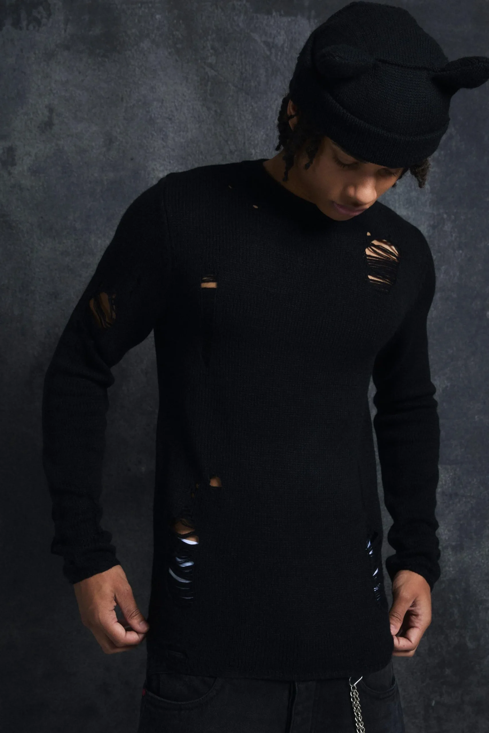 boohooMAN Trippie Redd Muscle Fit Distressed Jumper | UK| Knitwear