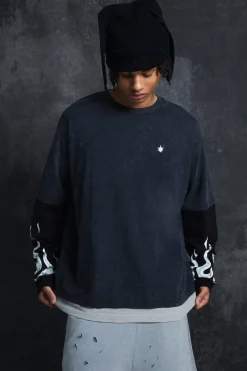 Trippie Redd Oversized Boxy Heavy Washed Faux Layer Flame Print T-shirt | UK^boohooMAN Hot