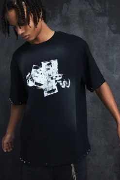 Trippie Redd Oversized Boxy Washed Heavy Weight Ring Detail T-Shirt | UK^boohooMAN Sale