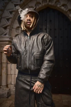 boohooMAN Trippie Redd Oversized Boxy PU Horn Detail Bomber Jacket In | UK| Coats & Jackets