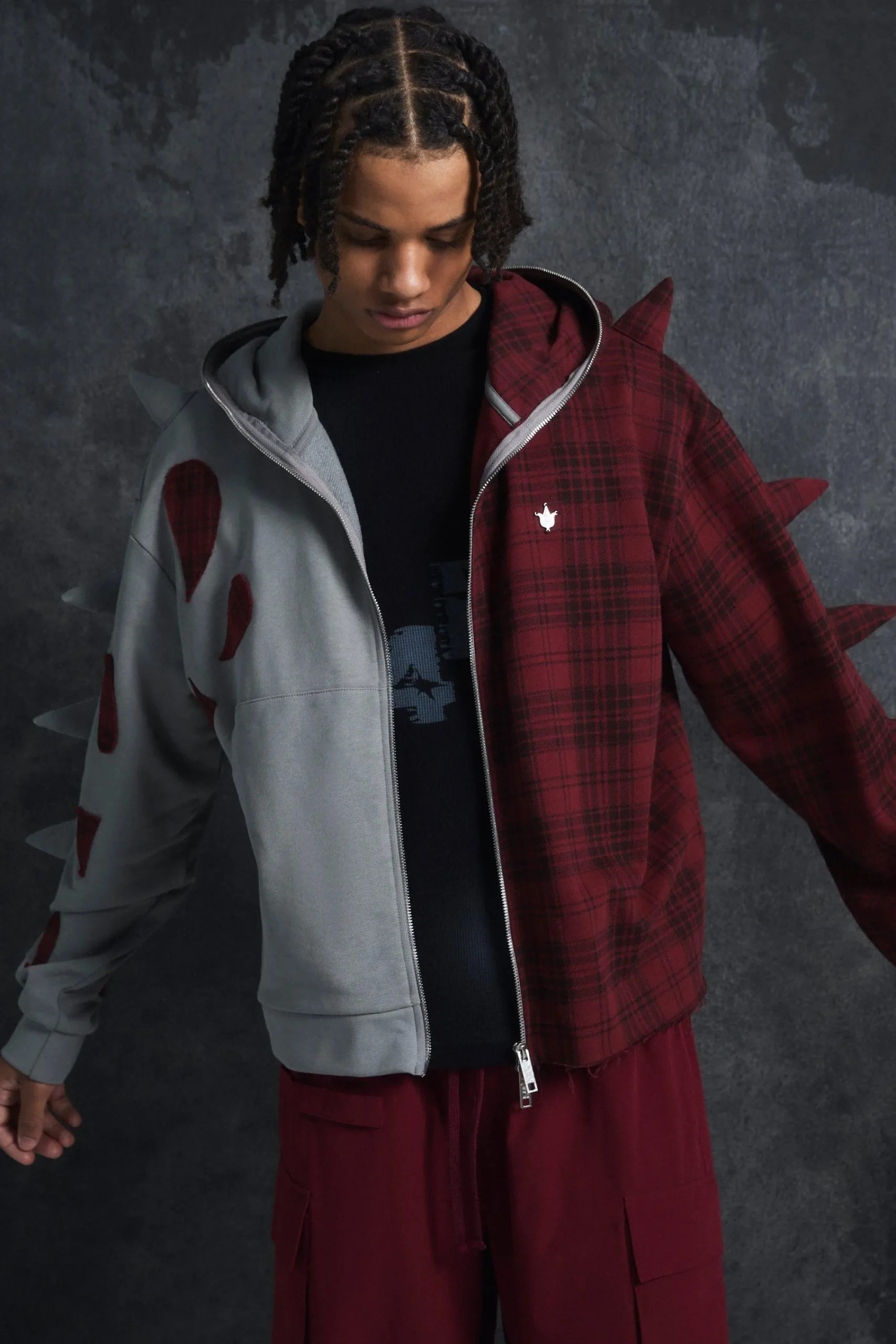 boohooMAN Trippie Redd Oversized Boxy Full Zip Through Spike And Check Hoodie | UK| Hoodies & Sweatshirts