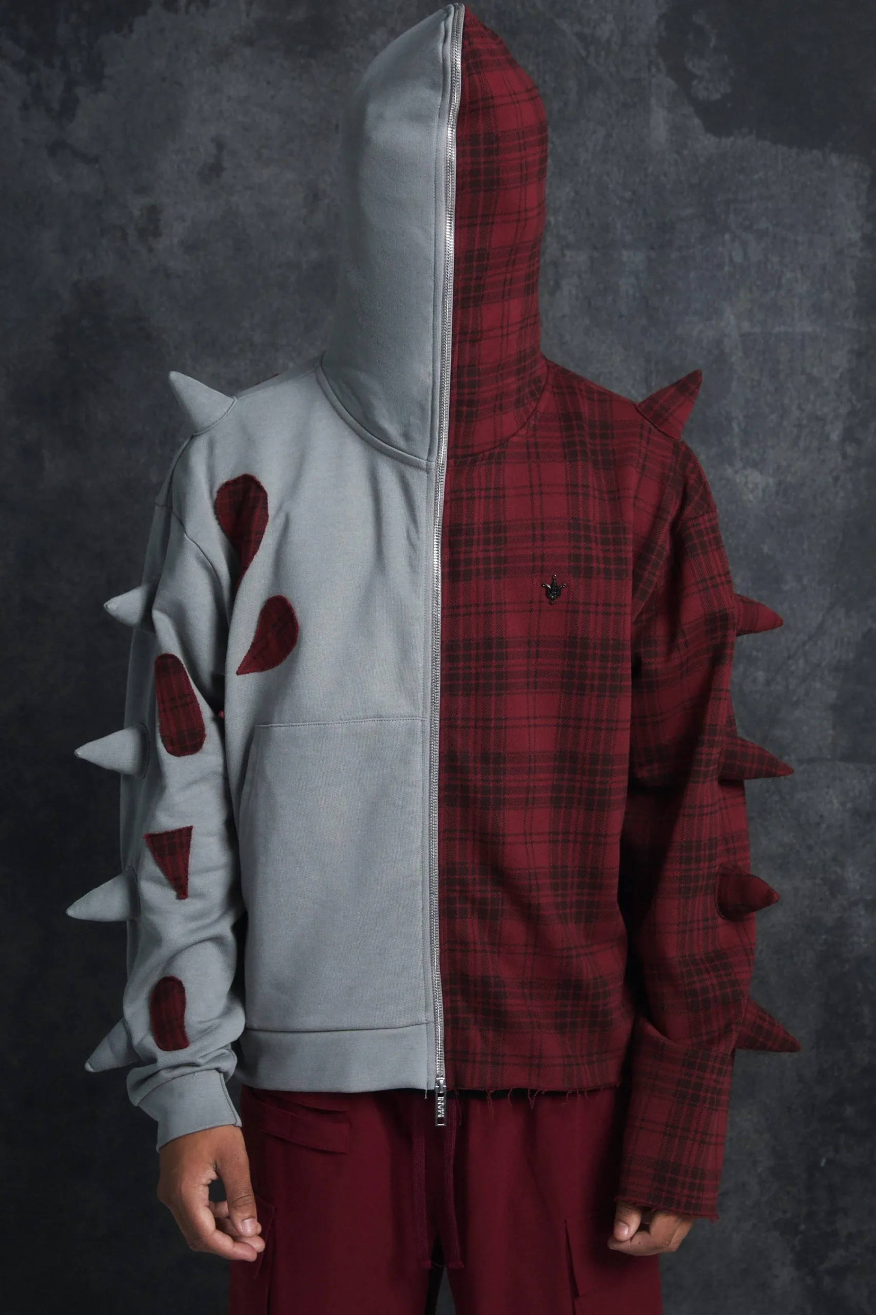 boohooMAN Trippie Redd Oversized Boxy Full Zip Through Spike And Check Hoodie | UK| Hoodies & Sweatshirts