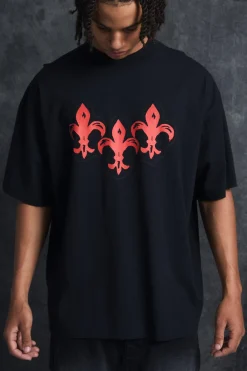 Trippie Redd Oversized Extended Neck Heavyweight Washed Fleur De Lis T-Shirt | UK^boohooMAN Hot
